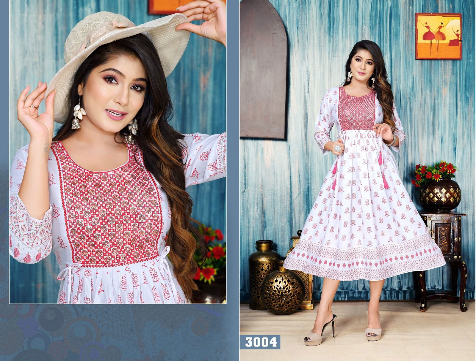 Golden White Floral Printed  Anarakli Kurtis Catalog
